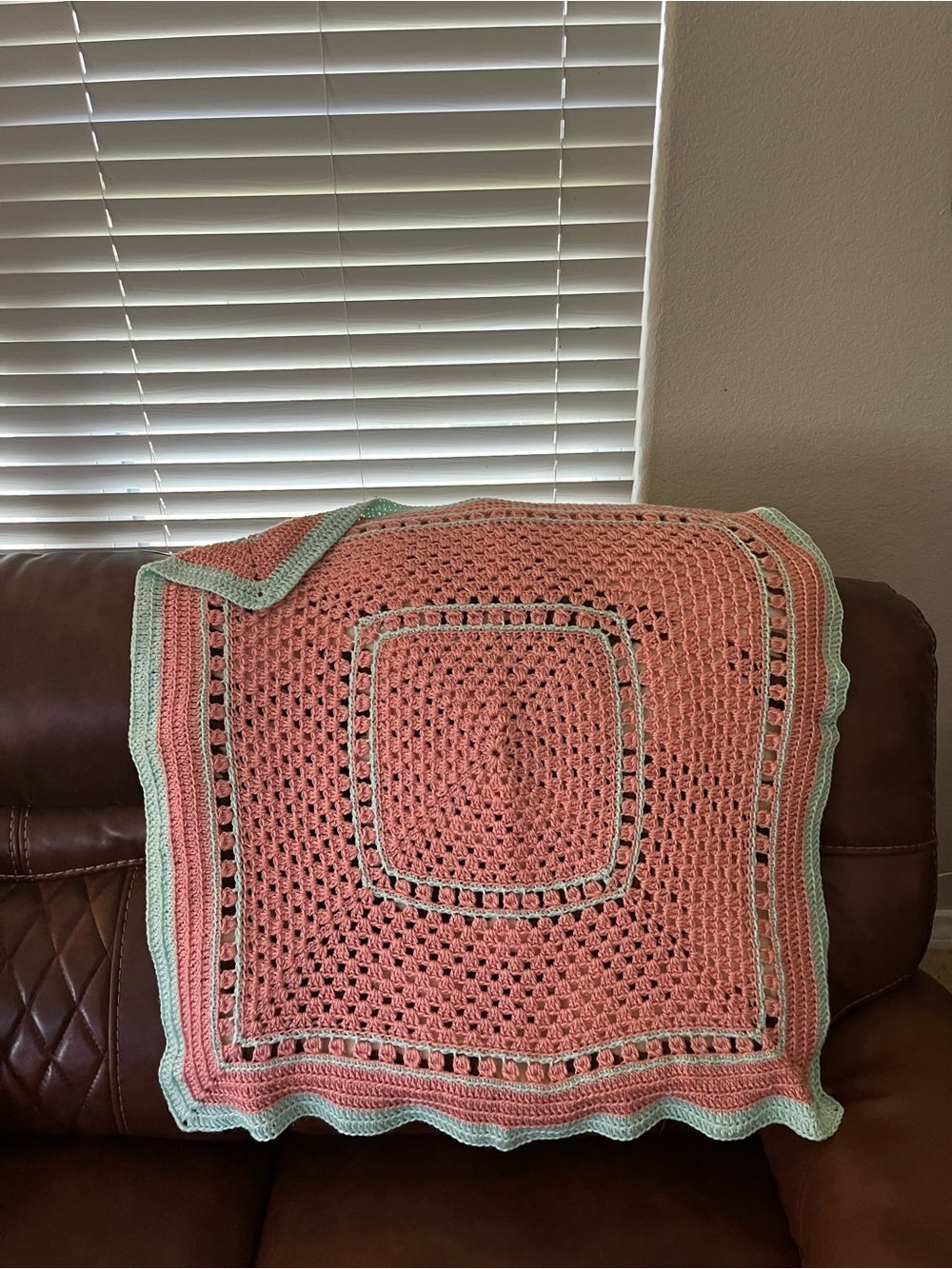 Handmade Crochet Baby Blanket - Coral with Mint Trim